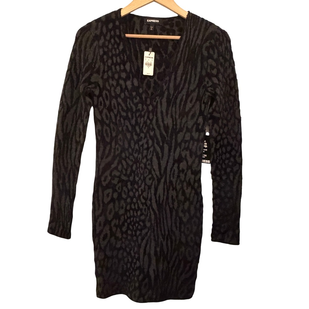 Express Sweater Dress Small Black Grey NWT Animal Print Leopard Zebra Knit